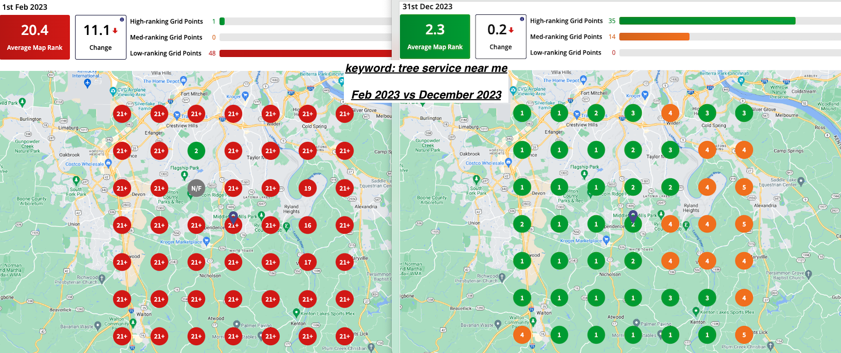 Side-by-side maps comparing the average map rank for