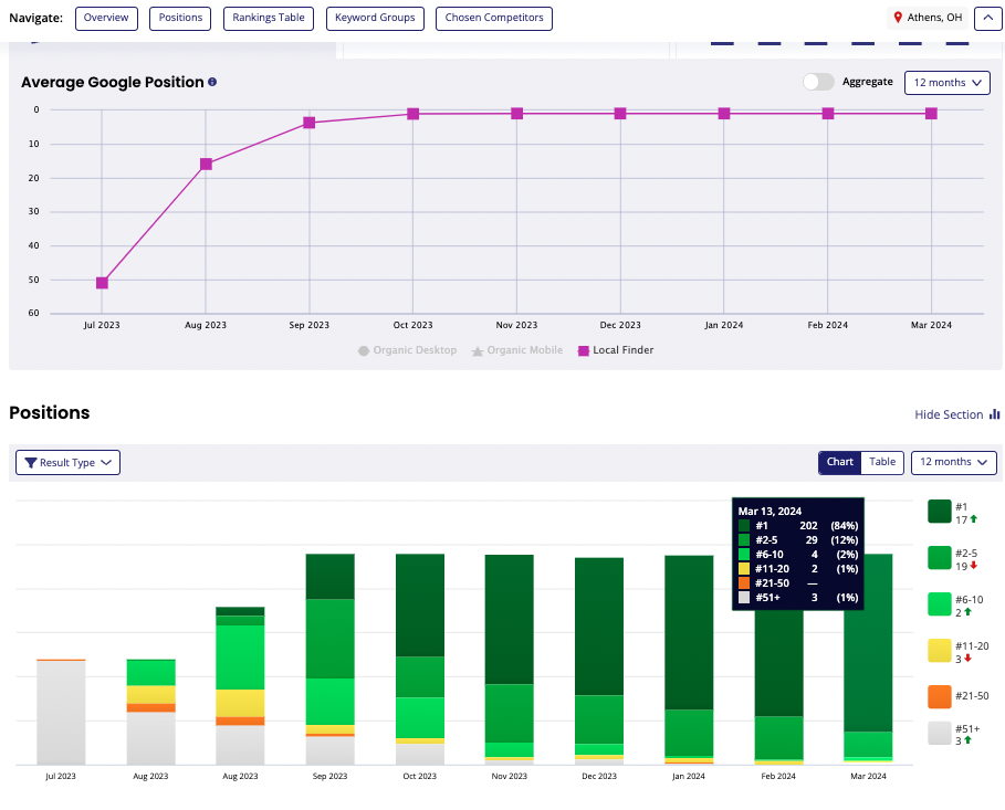 A screenshot of a digital dashboard showing a chart of average Google positions over the past 12 months and a bar graph of positions by result type from August 2023 to March 2024.