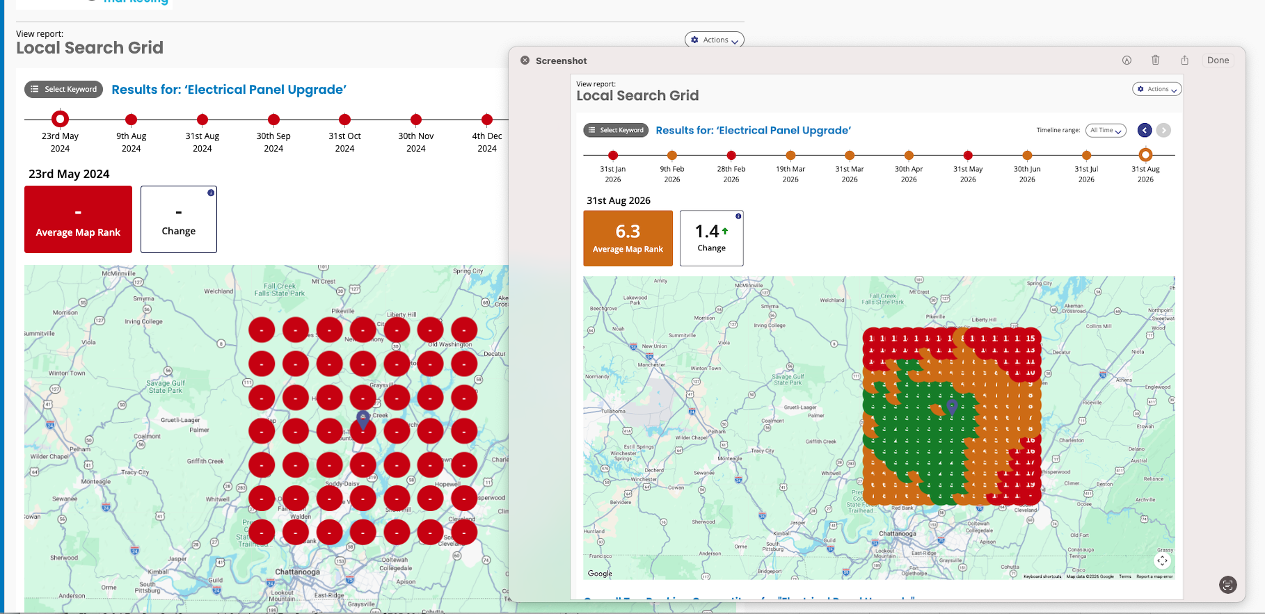 Two screenshots compare local search grid results for “Electrical Panel Upgrade” in 2024 and 2023, showing average map ranks and colored grid maps over a geographic area.