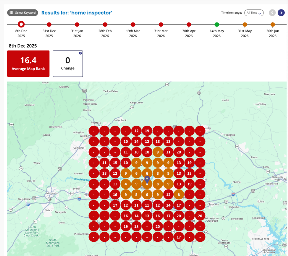 Map grid with red and orange circles showing ranking data for “home inspector” on December 8, 2025. Average map rank is 16.4 with no change indicated. Surrounding towns and roads are faintly visible.