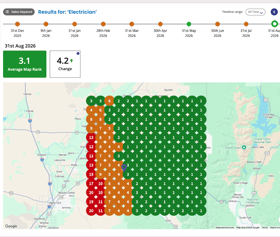 Grid map showing average search rank for “Electrician” in Colorado on August 31, 2026, with colored cells and numbers indicating ranking across different regions.